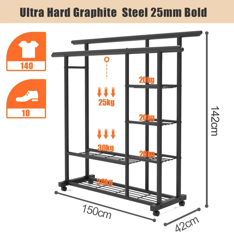 Photo 1 of ***USED***Metal Clothes Rack with Wheels, 6 Levels of Storage Space, Movable Open Clothing Rack for Hanging Clothes, 59-inch, Black
