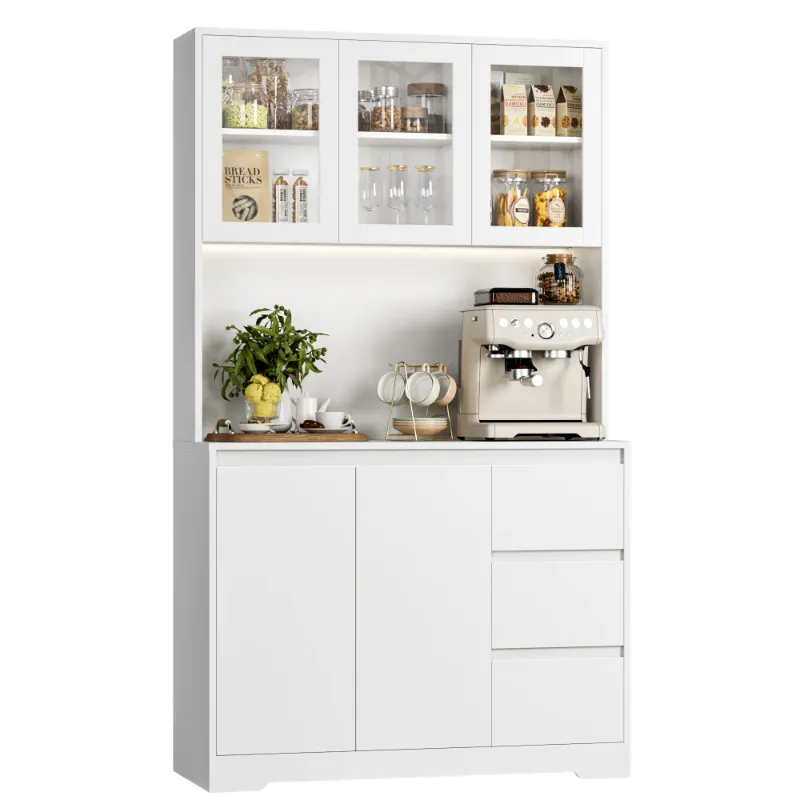 Photo 1 of *** MISSING PARTS ***Homfa 70.9'' Kitchen Pantry Cabinet with Charging Station and LED Light, 3 Drawers Buffet Storage Cabinet with Glass Doors and Adjustable Shelves, White