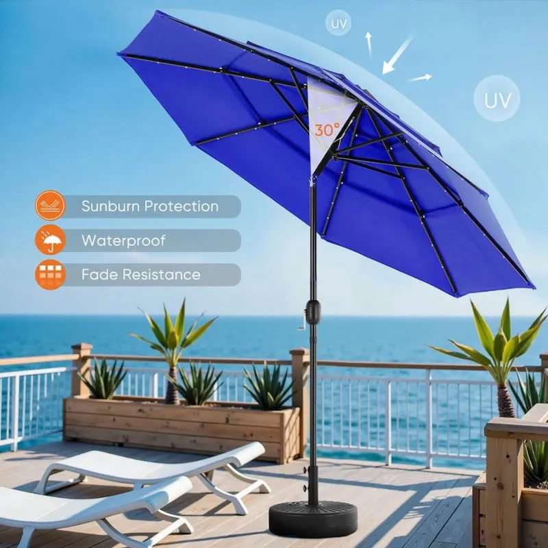 Photo 1 of **PARTS ONLY**Gianna 10FT 3-Tier Solar Patio Umbrella with 32 LED Lights, Outdoor Umbrellas with Push Button Tilt and Crank,Navy Blue-1