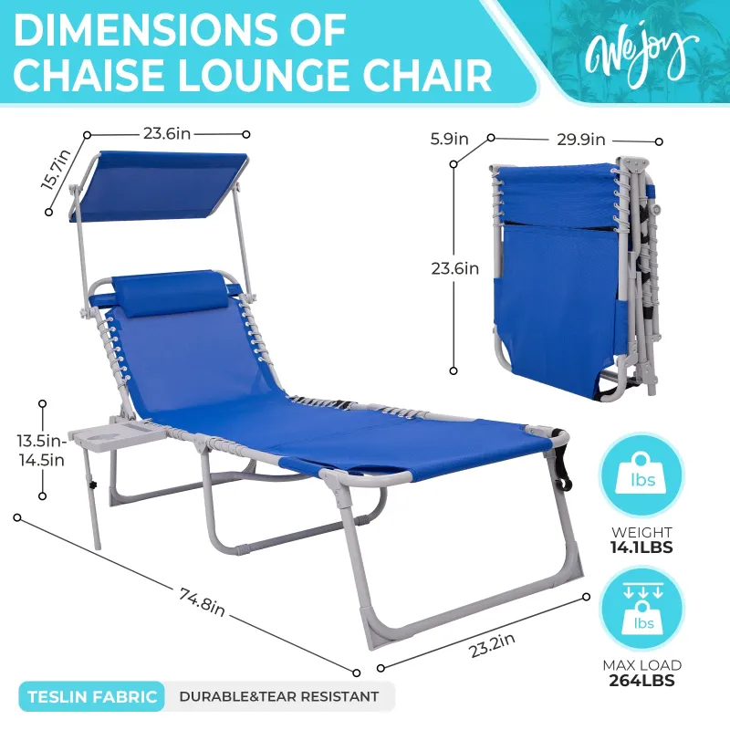 Photo 1 of #WEJOY Portable Beach Chaise, Lounge Chair, 5-Position Adjustable Reclining Chaise, Folding Chaise with Face Hole, Sunshade, 3-in-1 Pocket and Side Table, Weight up to 264 lbs