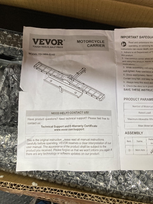 Photo 1 of VEVOR Motorcycle Carrier, 600 LBS Steel Motorcycle Carrier Hitch Mount with 47" Longer Ramp, Scooter Dirt Bike Trailer Hauler with Ratchet Straps and Stabilizer, for Car, Truck with 2" Hitch Receiver