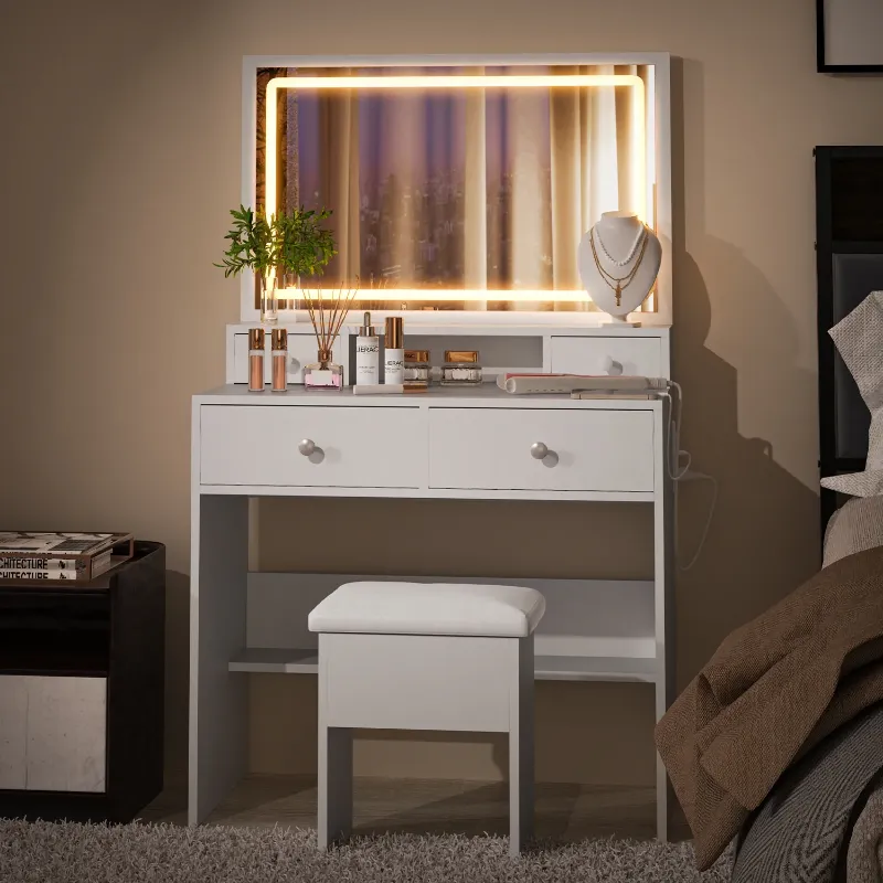 Photo 1 of ***(DAMAGE-SELLING AS PARTS ONLY)*** VIRNAZ Vanity Set with Large Lighted Mirror & Power Outlet, Makeup Vanity Table Desk Chair Set for Bedroom, White ***BOX RIPPED/TORN***