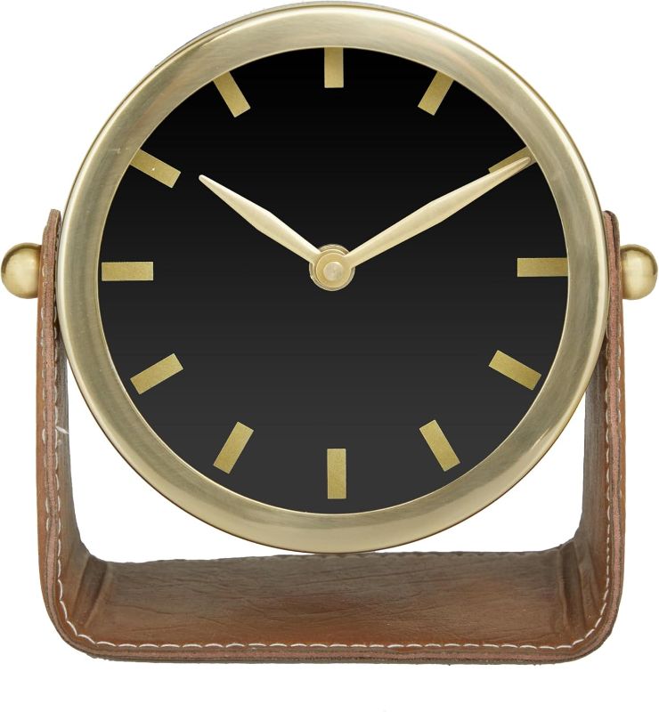 Photo 1 of 
Deco 79 Stainless Steel Metal Clock with Leather Stand, 6" x 3" x 6", Gold