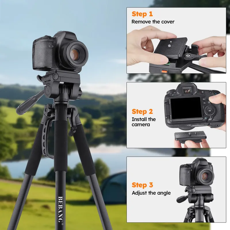 Photo 1 of BEBANG 67" Camera Tripod, Portable and Flexible Tripod with Clip and Adapter, Porfessional Aluminum Tripod Stand for Mirrorless, DSLR, Phone, Camcorder, Spotting Scopes, Binoculars, Telescope
