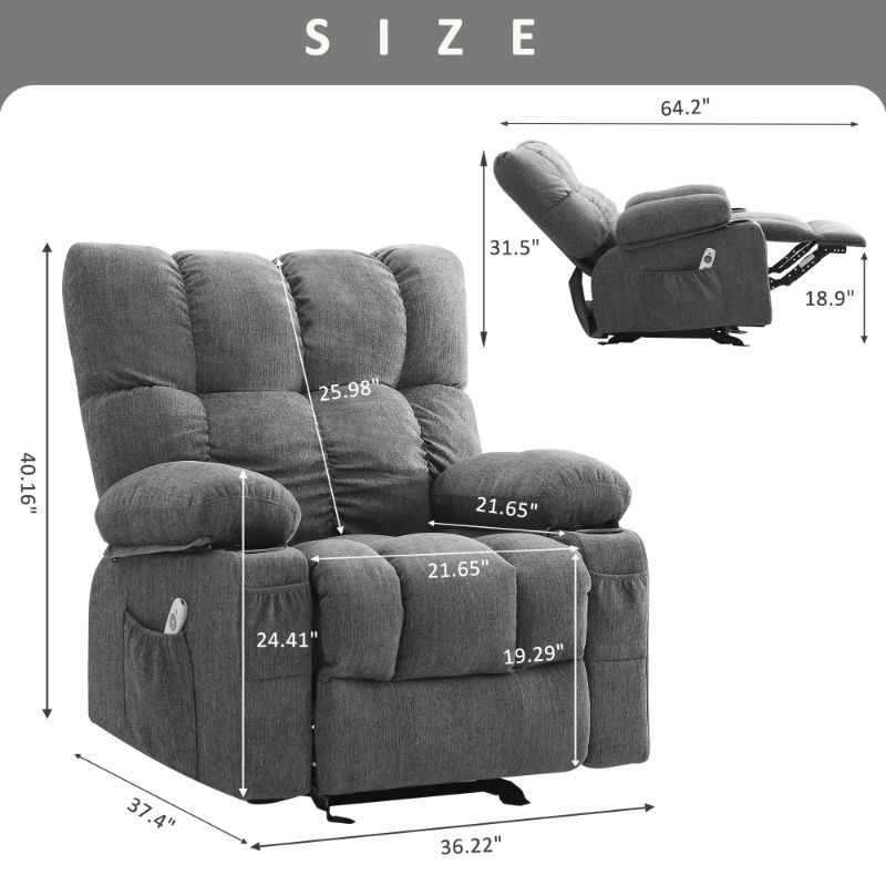 Photo 1 of  PARTIAL SET JONPONY Manual Recliner Chair with Heat Therapy and Massage Function, Heavy Duty Reclining Mechanism Massage Chair, Elderly Single Rocker Sofa with Cup Holders for Bedroom Home Theater,Grey

