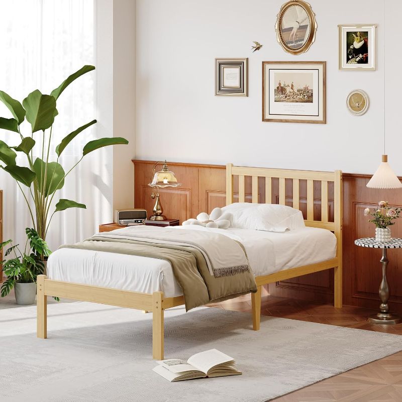 Photo 1 of 14 in High Solid Bamboo Wood Twin Bed Frame with Headboard, Platform Twin Size Bed Frame, Heavy Duty, No Box Spring Needed, Nosie Free