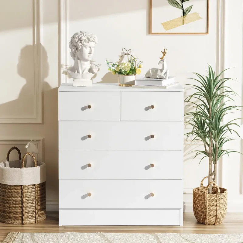 Photo 1 of  5 Drawer Wood Dresser for Bedroom, Chest of Drawers, Storage Organization Unit for Clothing, White