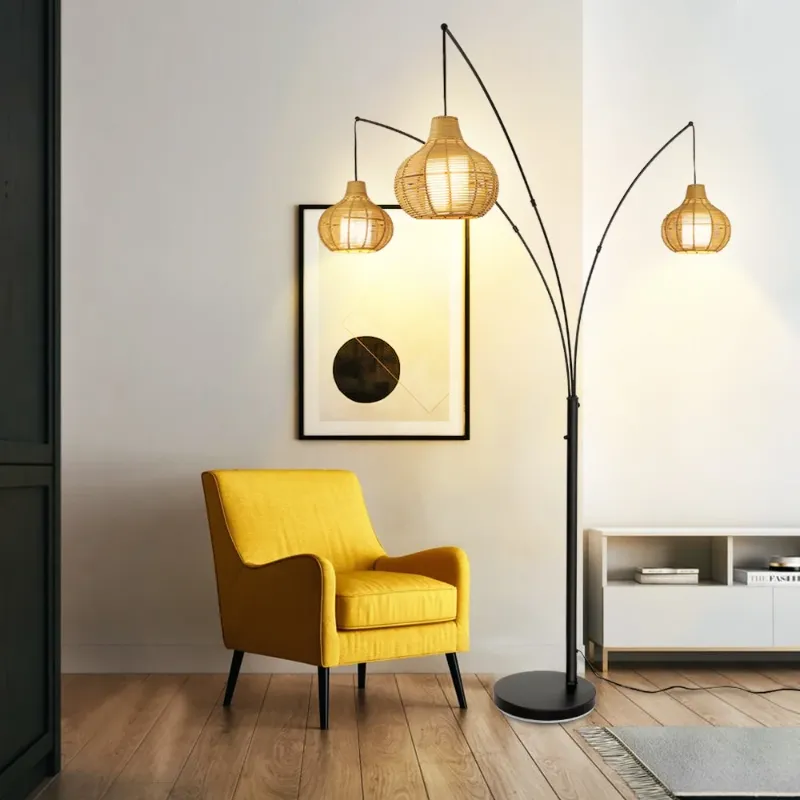 Photo 1 of ***(PARTS ONLY -SELLING AS IS )*** 3 Light Farmhouse LED Floor Lamp Rustic Rattan Floor Lamp Modern Standing Reading Lamps for Living Room Bedroom Office Study, E26 Bulb