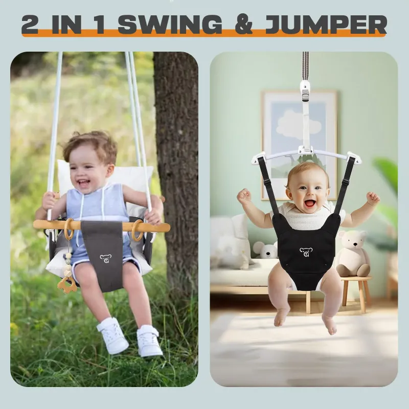 Photo 1 of 2 in 1 Baby Jumper, Toddler Swing and Bouncer, Indoor Outdoor Baby Swings for Infants, Gray