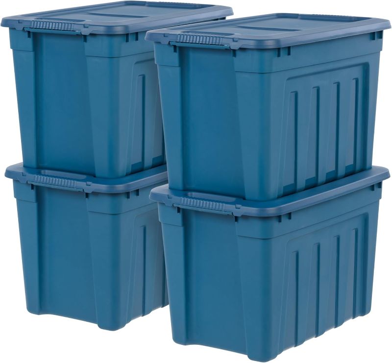 Photo 1 of  Eco-Friendly Heavy Duty Storage Totes with Easy-Grip Handles, 4 Pack - Large Bins with Lids Garage Organizing Tubs, Durable Stackable Utility Containers, Made in USA - Navy