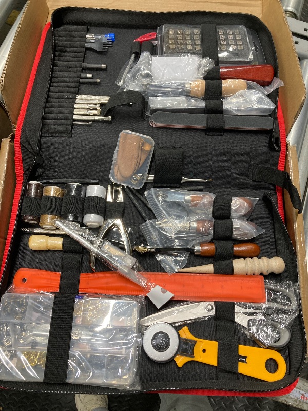 Photo 1 of *** PHOTO REFERENCE***SOCNITC Leather Craft Tools, Leather Working Kit with Snaps and Rivets Kit Stamping Tools Stitching Groover Waxed Thread Punch Hole for Leathercraft Adults, Beginners