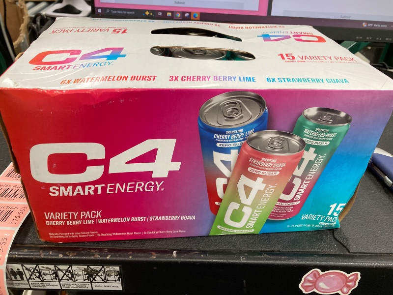 Photo 1 of ***BB 08/2025**** C4 Smart Energy Drink Variety Pack, Strawberry Guava, Cherry Berry Lime, Watermelon, 15pk 12oz