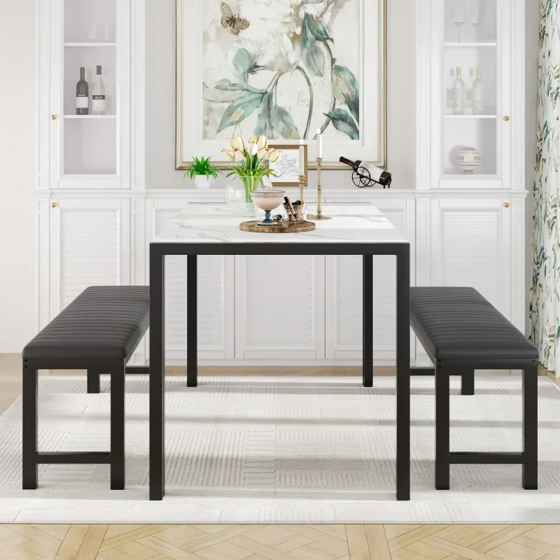 Photo 1 of ***tHE COLOR MAY VARY****
UHOMEPRO Dining Room Table Set, 3-Piece Marble Top Dining Table Set with 2 Upholstered Benches, Kitchen Table Set for 4 with Metal Frame, Modern Dining Room Set for Dining Room Breakfast Nook, White
