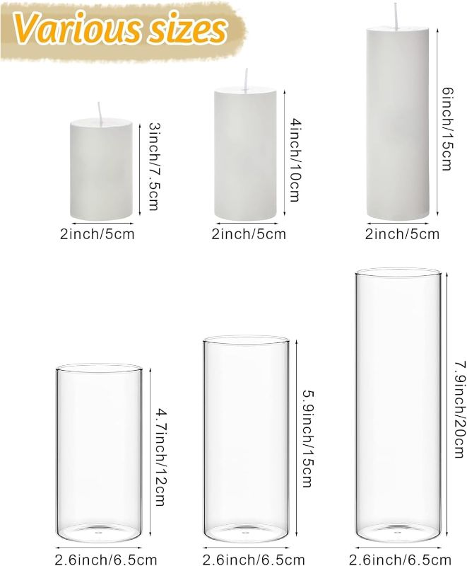 Photo 1 of **MISSING ONE SMALL AND ONE MEDIUM SIZED**Set of 6 Pillar Candles with Clear Glass Cylinder Vases – Elegant Candle Holders for Tall Slim Pillar Candles, Ideal for Wedding Centerpieces (2.6'' x 4.7'', 5.9'', 7.9'', White)