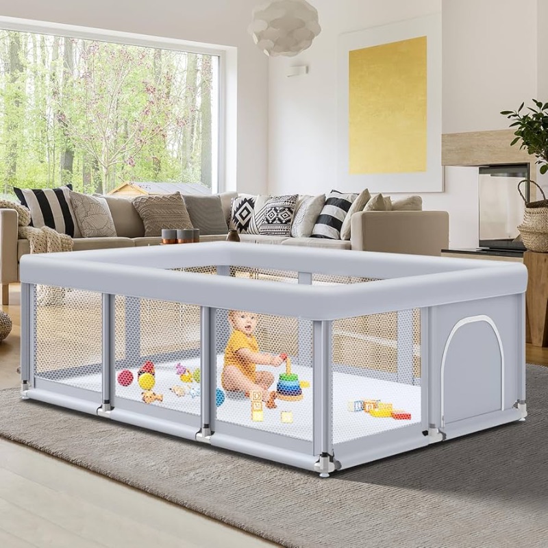 Photo 1 of  Large Baby Playpen, Baby Playard for Babies and Toddlers, Baby Fence Play Pens for Indoor & Outdoor, Sturdy Safety Play Yard with Soft Breathable Mesh, Anti-Fall, Grey