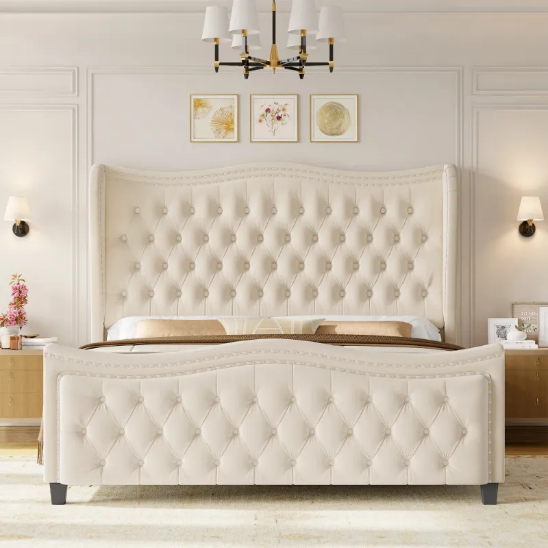 Photo 1 of  missing parts   Homfa King Size Bed Frame, Modern Velvet Tufted Wingback Bed, Platform Bed with 55"H Upholstered Headboard, Off-White