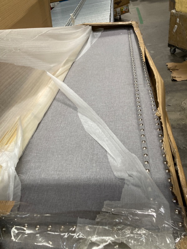 Photo 1 of ***(MISSING PARTS -SELLING AS IS ONLY)*** 
  Furinno Laval Double Row Nail Head Upholstered Platform Bed Frame, King, Glacier