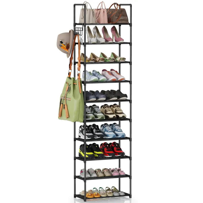 Photo 1 of 10 Tier Metal Shoes Rack, BUG HULL Narrow Stackable Shoes Shelf with Hooks, Shoe Tower for 20-24 Pairs Shoe and Boots Organizer, Black