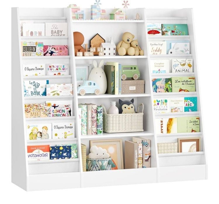 Photo 1 of **reference image**Bookshelf Childrens Bookcase with 14 Sling Fabric Shelves, Book and Toy Organizer, Book Shelf Kids Room(White)