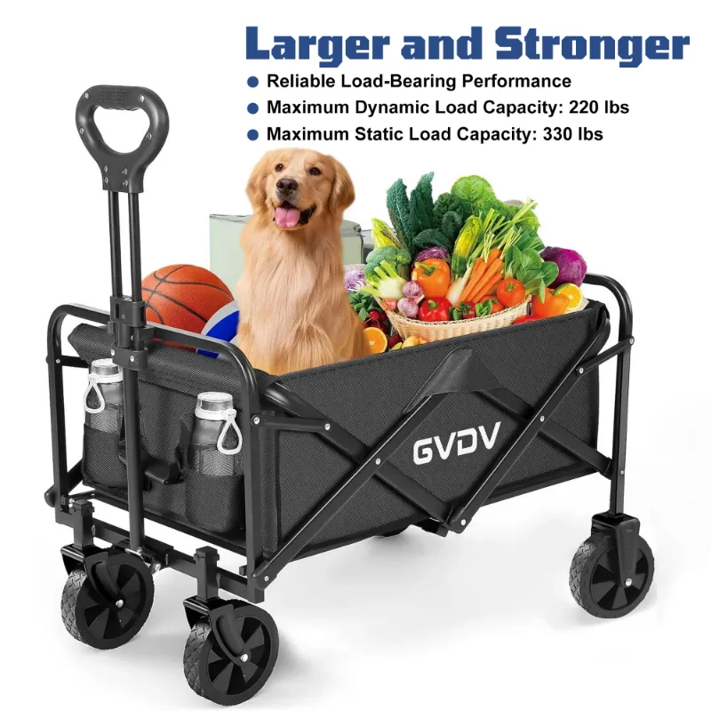 Photo 1 of **a wheel is missing**GVDV Collapsible Wagon Cart, Portable Utility Wagon for Camping, Beach, Picnic, Shopping, Sports, and Grocery Transport, Black