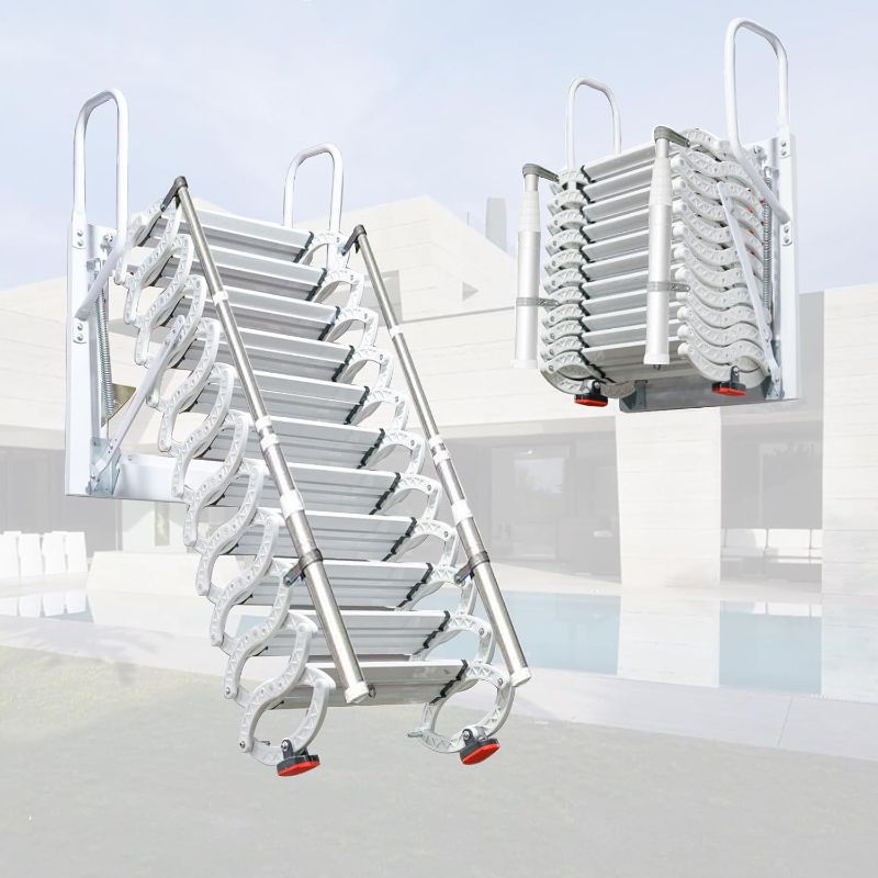 Photo 1 of 12 Steps Attic Stairs,Wall Mounted Folding Loft Ladder,Retractable Collapsible Stairs,Extension Steps Ladder with Armrests,Telescoping with Pulldown System (White, Step 12)