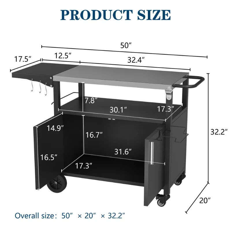 Photo 1 of **it has damaged piece in the corner**Walsunny Outdoor Grill Cart with Storage Cabinet, Outdoor Kitchen Island on Wheels, BBQ Grill Prep Table Movable Patio Storage Counter Foldable Tabletop, Black