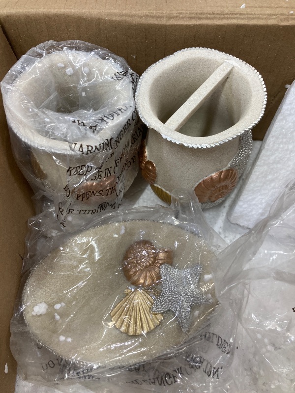Photo 1 of **the photo is only to the reference**MyGift 4 Piece Coastal Cape Cod Bathroom Accessories Set Embossed Seashell Starfish Design, Includes Soap Dish, Tumbler Cup, Toothbrush Holder, and Pump Dispenser