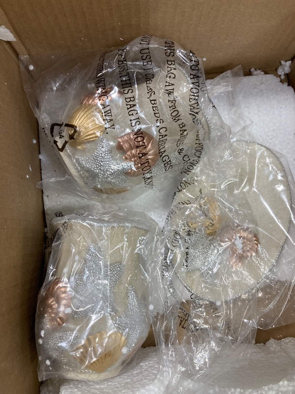 Photo 1 of **the photo is only to the reference** MyGift 4 Piece Coastal Cape Cod Bathroom Accessories Set Embossed Seashell Starfish Design, Includes Soap Dish, Tumbler Cup, Toothbrush Holder, and Pump Dispenser