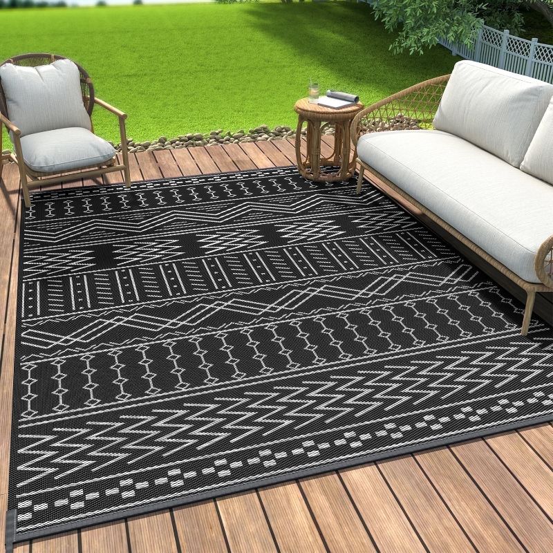 Photo 1 of ***IMAGEN FOR REFERENCE***SIXHOME Outdoor Rug 9'x12' Waterproof Patio Rug Reversible Indoor Outdoor Rug Lightweight Plastic Straw Rug for RV Camping Deck Balcony Boho Porch Decor Dark Grey and White

