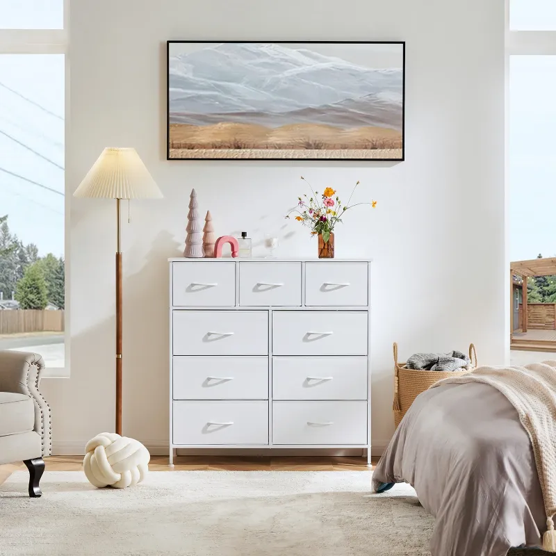 Photo 1 of ZUNMOS Fabric Storage Dresser with 9 Drawers, Steel Frame and Wooden Top for Bedroom, Closet and Entryway , White
