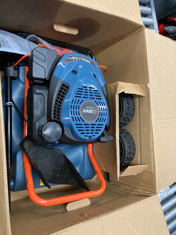 Photo 1 of ***THERE IS AN OILY SUBSTANCE THAT HAS LEAKED OUT OF MOWER AS SEEN ON THE OUTER BOX***SENIX Gas Lawn mower, 18in Cutting Blade / 19in Cutting Deck, 144cc 4-Cycle Engine Push Mower with Side Discharge