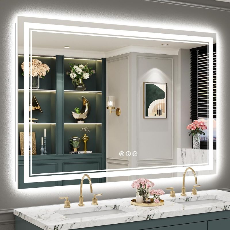 Photo 1 of ***BOX IS DAMAGED, PRODUCT LOOKS FINE****55x40 LED Bathroom Mirror with Lights, Backlit + Front Lit, Anti-Fog Lighted Vanity Mirror for Bathroom Wall with 3 Colors, Stepless Dimmable, Memory, Shatter-Proof, Tempered Glass, ETL Listed****FACTORY SEALED BOX