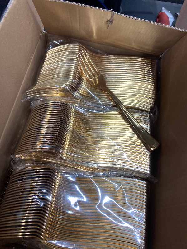 Photo 1 of ***1 FORK BAG WAS OPEN, ALL ELSE SEALED***WELLIFE 300PCS Gold Plastic Silverware - Gold Plastic Cutlery Set Disposable Dinnerware -100 Forks, 100 Spoons, 100 Knives, Heavy Duty Flatware for Party