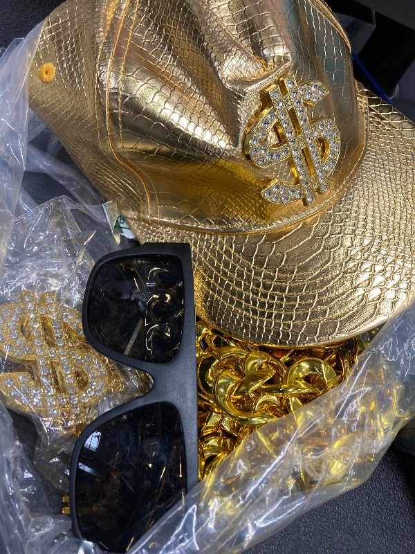 Photo 1 of ***SOME ITEMS ARE MISSING***GIFIKOI 80s 90s Hip Hop Costumes Outfit Kit Fake Gold Chain Necklace Gold Dollar Sign Cap Jewelry Set Rapper Accessories