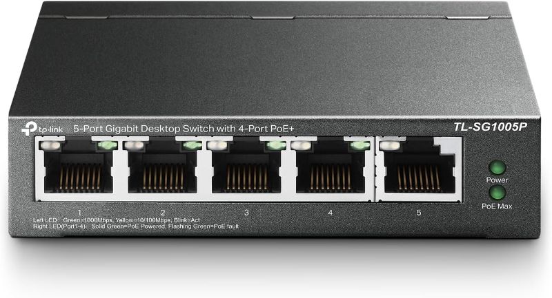 Photo 1 of **IN WRONG BOX**
TP-Link TL-SG1005P, 5 Port Gigabit PoE Switch, 4 PoE+ Ports @65W, Desktop, Plug & Play, Sturdy Metal w/ Shielded Ports, Fanless, QoS & IGMP Snooping