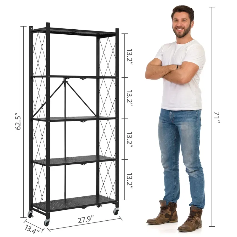Photo 1 of **NO WHEELS/BENT/NO BOX**COOKCOK 5-Tier Storage Shelving Unit, Metal Shelf 27.9"x13.4"x62.5, Foldable Storage Shelf with Wheels, Garage Shelf, Metal Storage Rack, Kitchen Shelf with 4 Hooks, No Assemble Require
