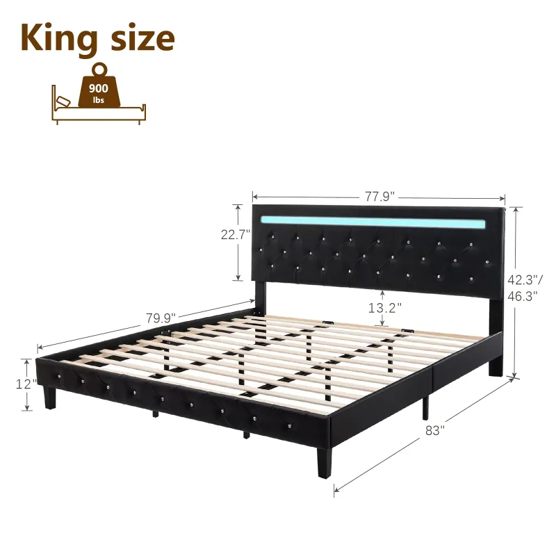 Photo 1 of ** Stock Picture for reference Only ** Kallabe Bed Frame King Size with Adjustable Upholstered Headboard, LED & Charging Station, Black
