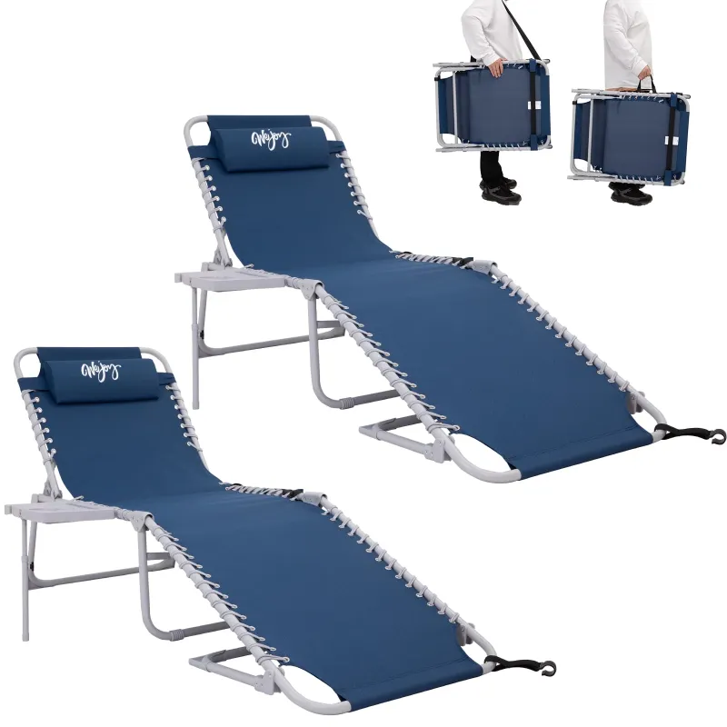 Photo 1 of #WEJOY 2 PCS Chaise Lounge Chair, 5-Positions Adjustable Folding Beach Chair with Side Table & Pillow & Detachable Pocket, Beach Lawn Recliner Reclining Seat for Adult, Max Load 264 lbs