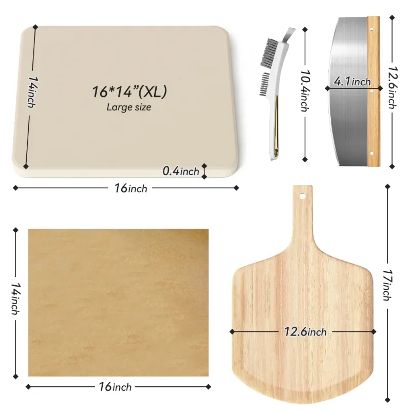 Photo 1 of **MISSING STONE/ONLY PIZZA PEEL, BRUSH, CUTTER AND PAPER***Gyreuni Pizza Stone Set, 5PCS 16" Large Pizza Stone for Oven and Grill with Pizza Peel(OAK), Pizza Stone Brush,Pizza Cutter & 10pcs Cooking Paper for Free, Baking Stone for Pizza, Bread,BBQ

