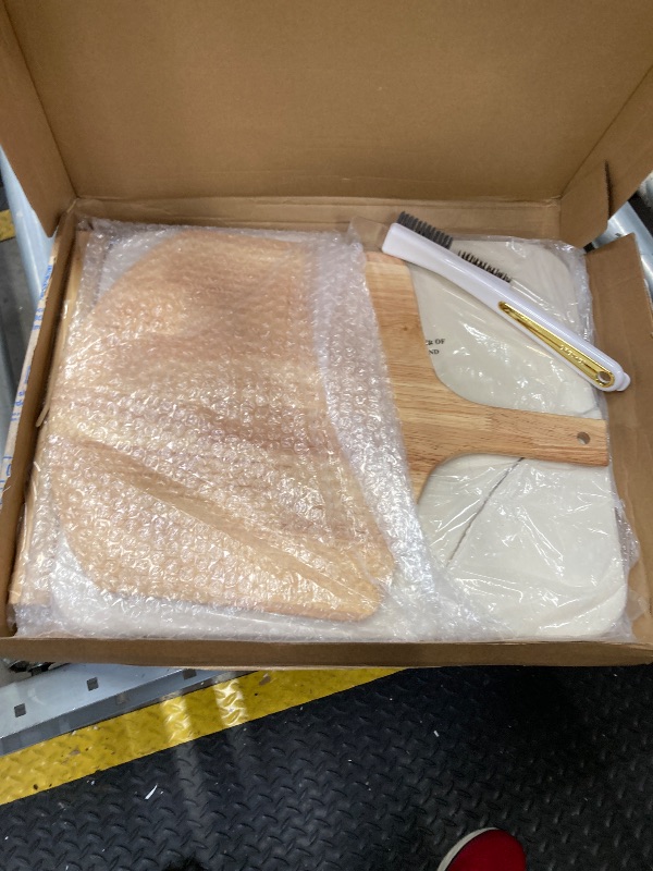 Photo 1 of **MISSING STONE/ONLY PIZZA PEEL, BRUSH, CUTTER AND PAPER***Gyreuni Pizza Stone Set, 5PCS 16" Large Pizza Stone for Oven and Grill with Pizza Peel(OAK), Pizza Stone Brush,Pizza Cutter & 10pcs Cooking Paper for Free, Baking Stone for Pizza, Bread,BBQ
