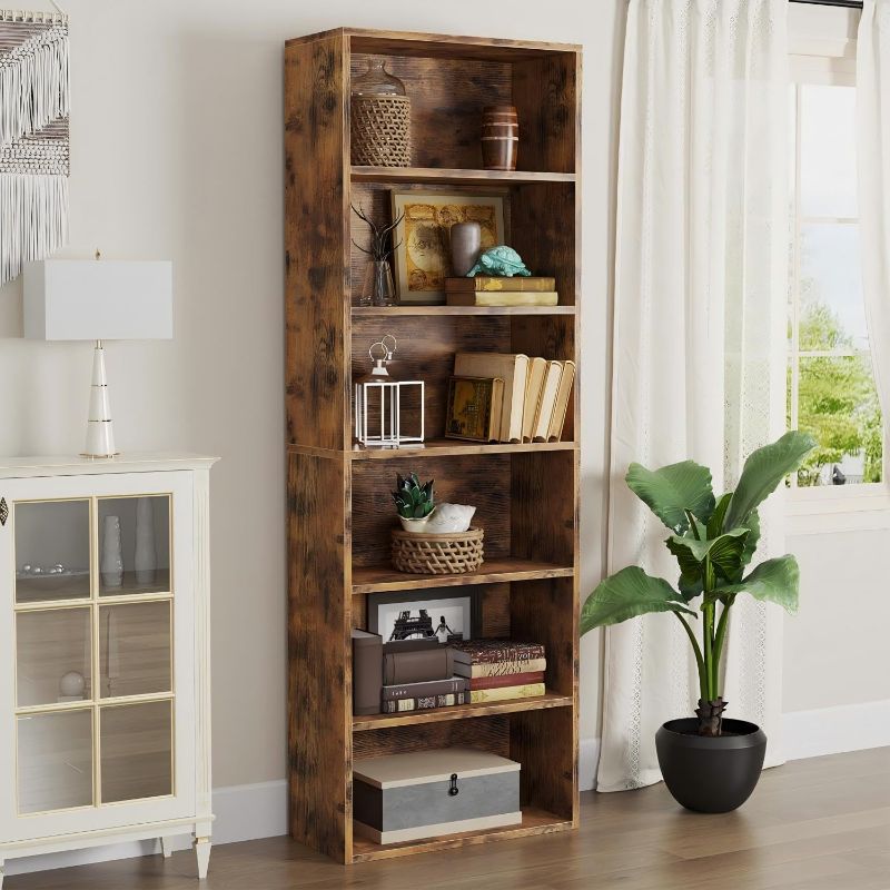 Photo 1 of  6-Tier Open Bookcase and Bookshelf, Floor Standing Wood Display Storage Shelves 71 Inch Tall Bookcase Home Decor Furniture for Home Office, Living Room, Bed Room, Rustic Brown