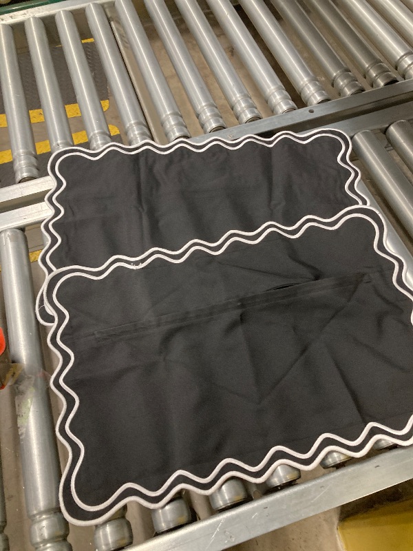 Photo 1 of ***DAMAGE, BROKEN ZIPPER REPAIR NEEDED)*** SELLING AS IS *** 
JOJOGOGO Black and White Scalloped Outdoor Lumbar Pillow Covers 12x20 Waterproof & Sunproof Set of 2, Black Outdoor Pillows Embroidered Decorative Throw Pillows for Couch Porch and Patio Furnit