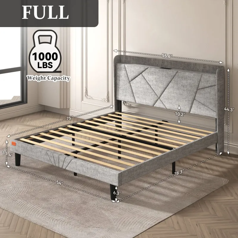 Photo 1 of **USED*NISIEN Full Size Bed Frame with Charging Station, Upholstered Platform Bed with Wingback Storage Headboard, Light Gray
