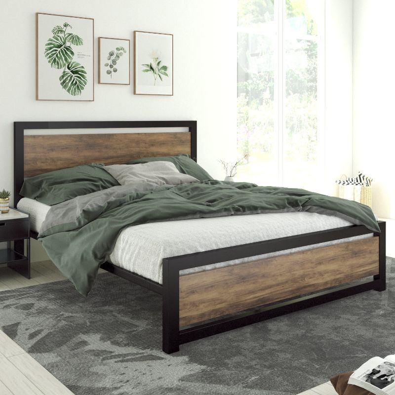 Photo 1 of ** looks lighter in person ** Allewie Full Bed Frame, Metal Platform Bed Frame with Wooden Headboard, 12.4" Under-Bed Storage, light brown 
