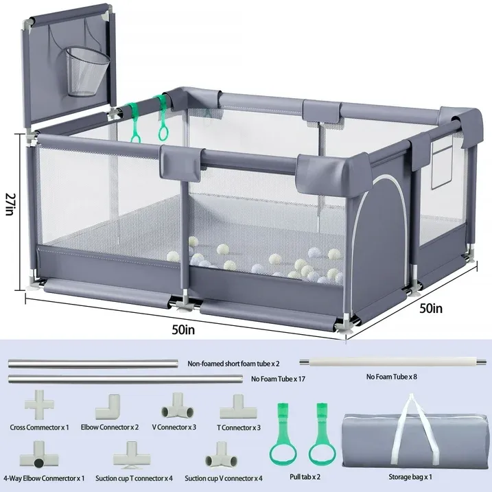 Photo 1 of **SIMILAR ITEM** Babyeap Baby Playpen, Play Yard, Toddlers Playards, 50"x50" Infant Travel Fence with Basket, Gray
