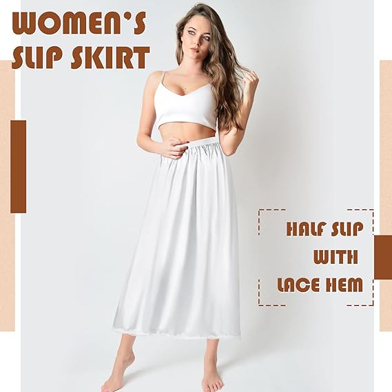 Photo 1 of Half Slip for Women 27 Inch Slip Under Dress Satin Lace Long Skirt (White, Small)