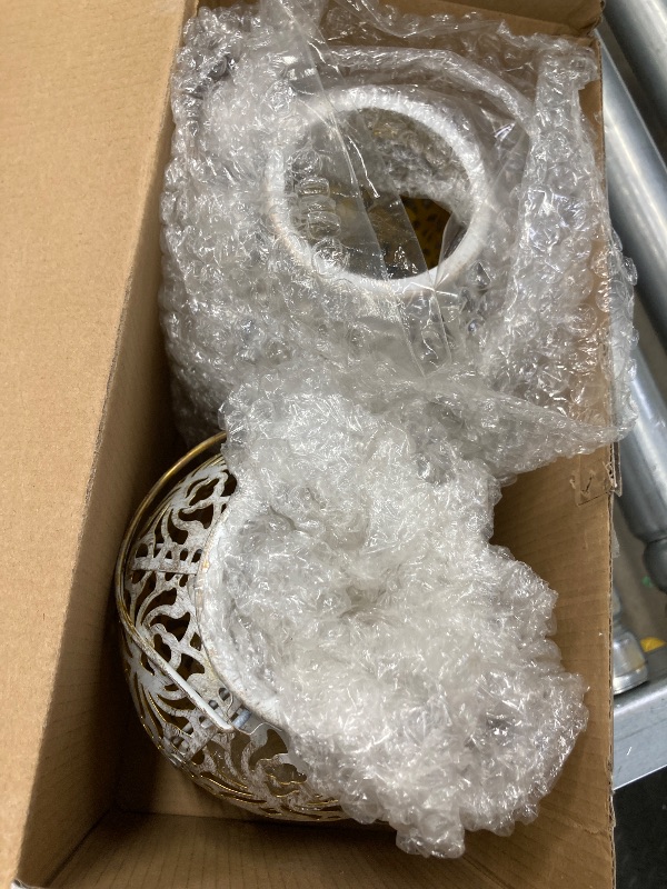 Photo 1 of ***(MISSING SOLAR LIGHTS)*** 
Outdoor Solar Hanging Lantern Lights Metal LED Decorative Lamp for Garden Patio Courtyard Lawn and Table with Hollowed-Out Design (White)  ***(OPEN BOX)*** 