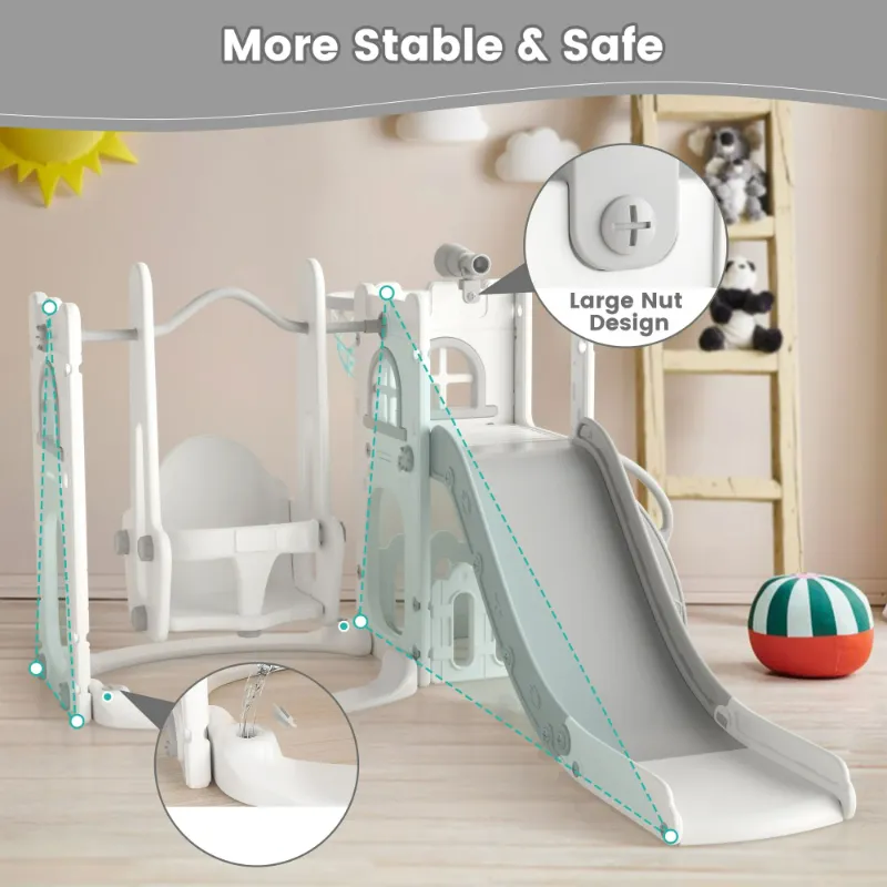 Photo 1 of  **DIRTY**Aikidkit 6-in-1 Toddler Slide and Swing Set, Indoor Outdoor Slide Playset with Swing, Climber, Basketball Hoop, Telescope, Toy Storage Space for Kids Ages 6-36 Months (Grey & White)
