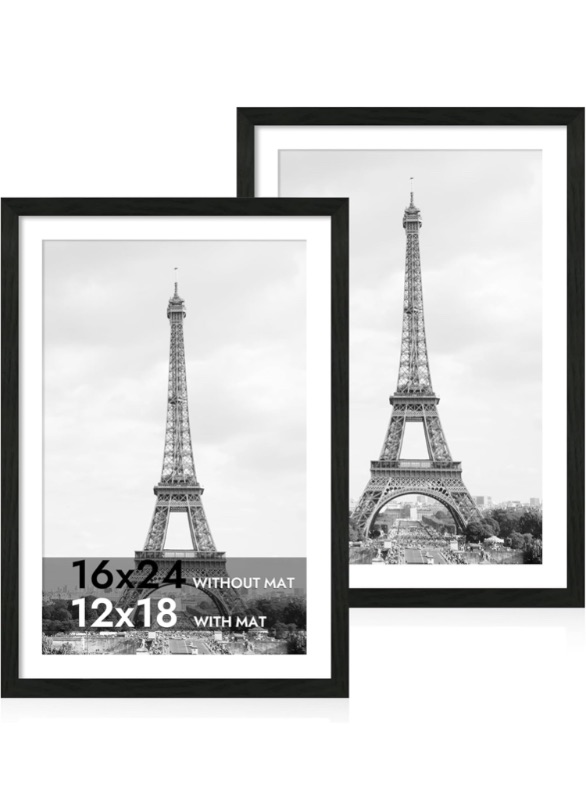 Photo 1 of 16x24 Picture Frame Set of 2 with Plexiglass, Black Poster Frame Display 12x18 Picture with Mat or 16 x 24 Without Mat for Photo Wall Gallery Mounting