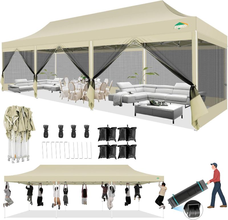 Photo 1 of ***MISSING PARTS, NO POP UP FRAME, NO ROLLING BAG, TOP ONLY*** 
COBIZI 10x30 Canopy Tent TOP ONLY with 8 Sidewalls, REPLACEMENT CANOPY for Parties Wedding Outdoor Patio Khaki
